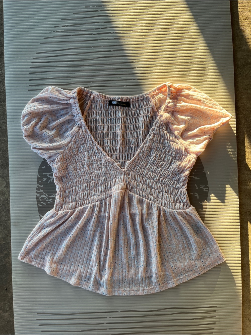 Smocked V-Neck Puff Sleeve Blouse